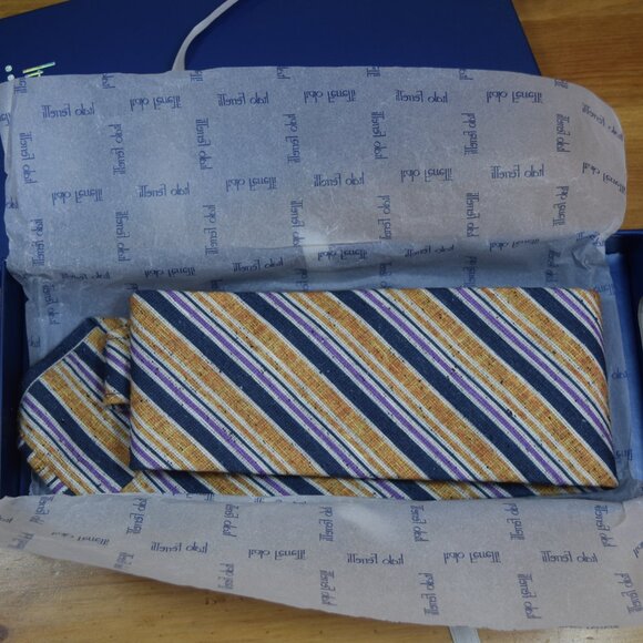 $570 ITALO FERRETTI Navy Blue Striped Handmade Silk Linen Neck Tie Italy XL - Picture 8 of 16
